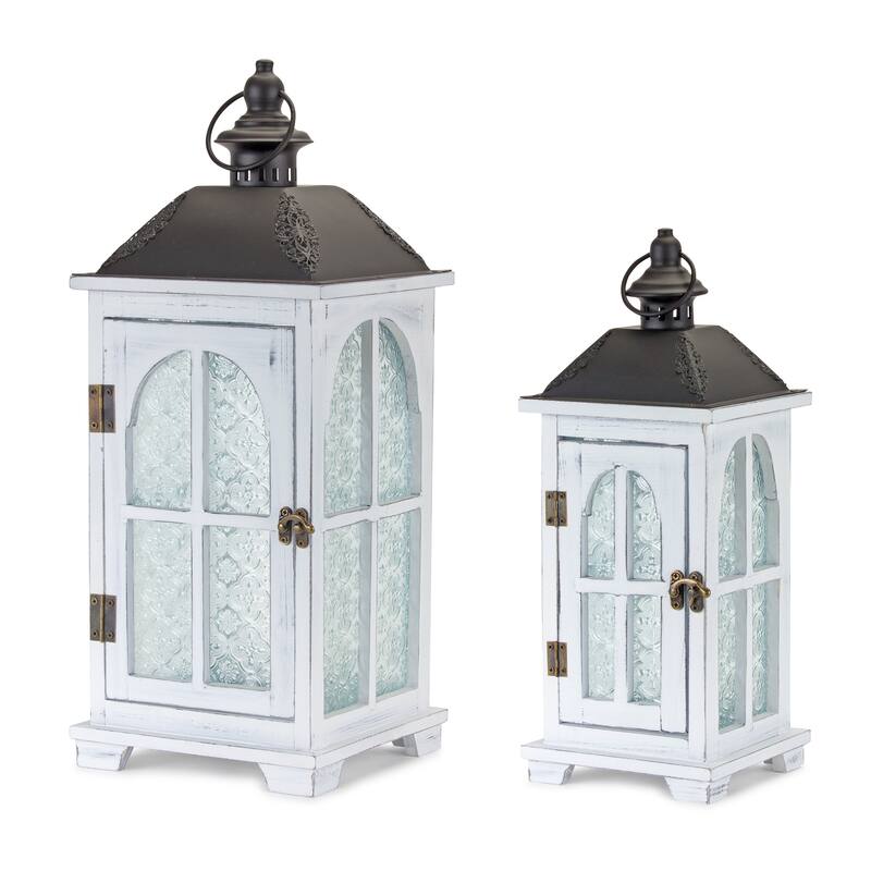 Set of Two White and Black Glass Wood and Metal Ornate Floor Lantern Candle Holders - One Size