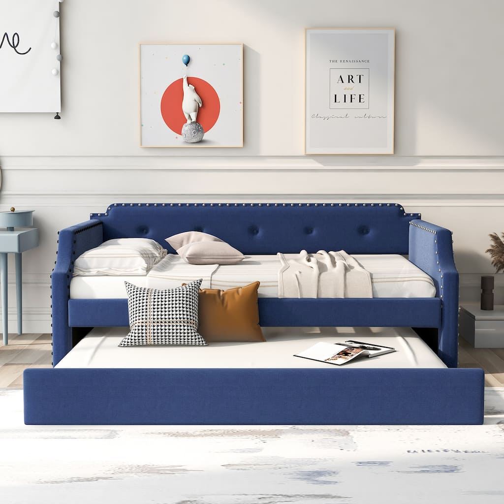 Twin Size Daybed, Pull-out Trundle Bed with Wood Slat Support and Button Backrest Upholstered Bed Frame, No Box Spring Needed