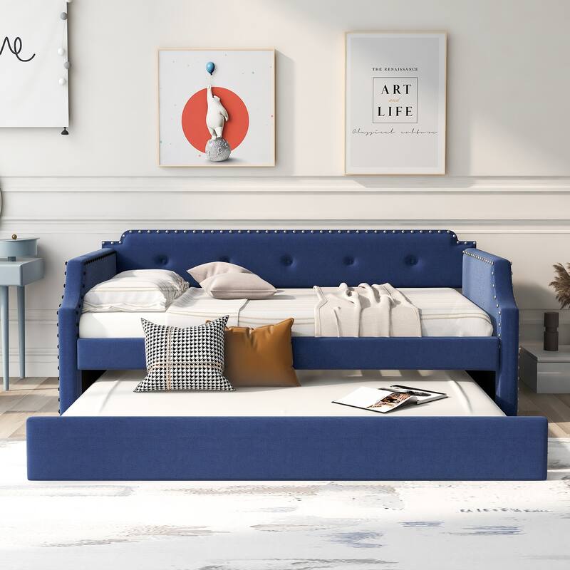 Upholstered Daybed With Trundle, Wood Slat Support,Upholstered Frame Sofa Bed