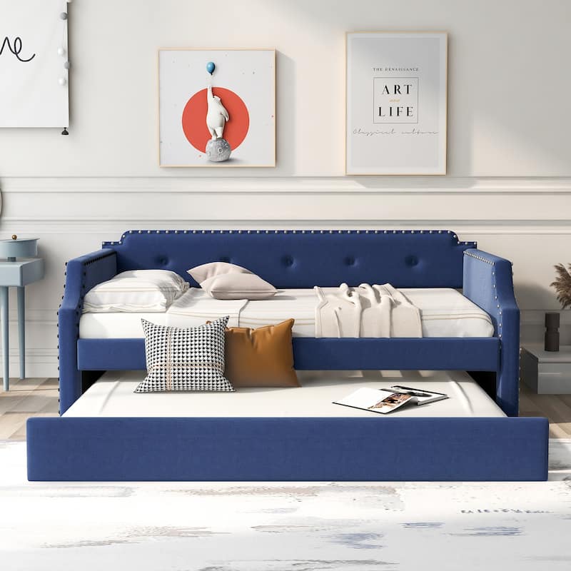 Upholstered Twin Size Daybed with Trundle, Wood Slat Support - Blue