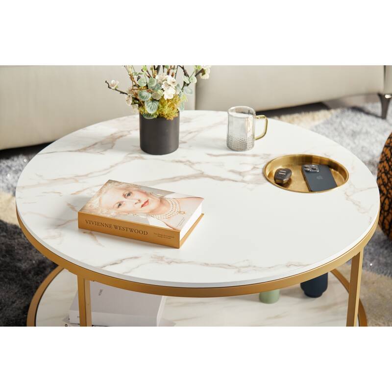 34.64" White & Gold Round Coffee Table with Two-Layer Tabletop & Storage, Modern Design