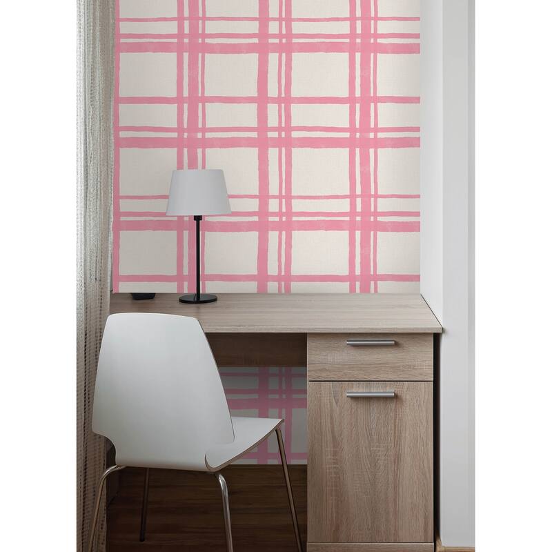 Packed Party Plaid Think Pink Geometric Peel and Stick Wallpaper