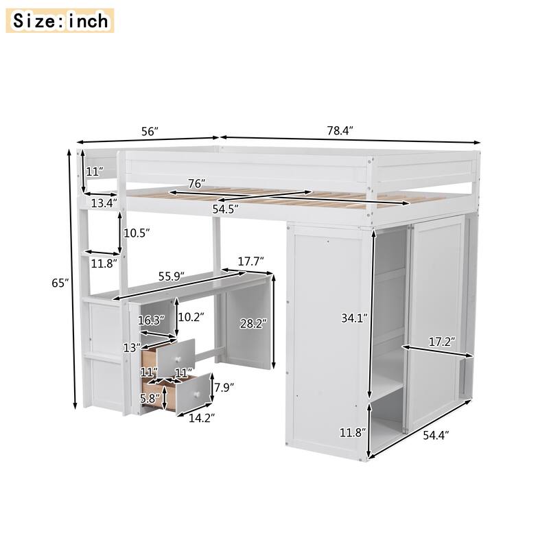 Wood Full Loft Bed with Built-in Desk, Wardrobes, and Storage Drawers