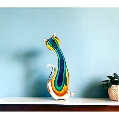 HomeRoots 12" Clear Yellow Green Black Murano Glass Cat Figurine Tabletop Sculpture - 3' X '12' X '6