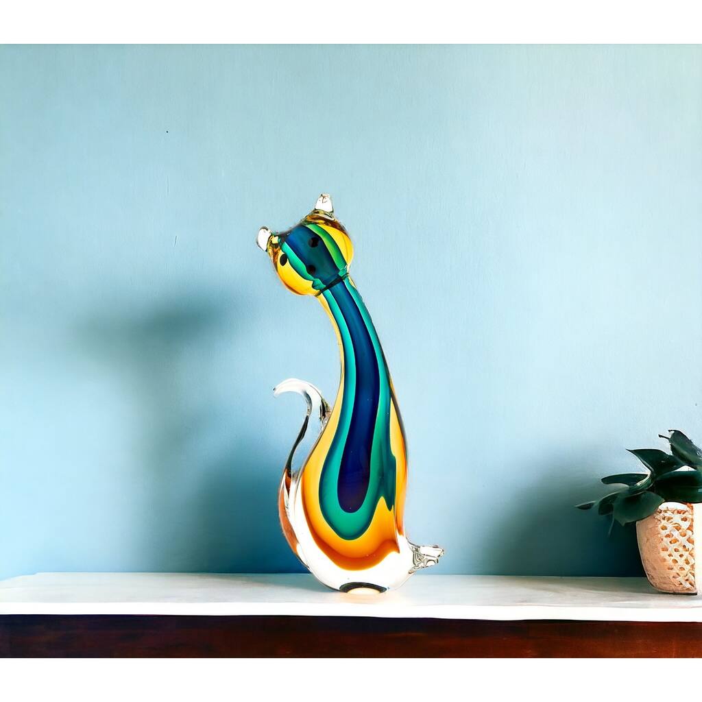 HomeRoots 12" Clear Yellow Green Black Murano Glass Cat Figurine Tabletop Sculpture - 3' X '12' X '6