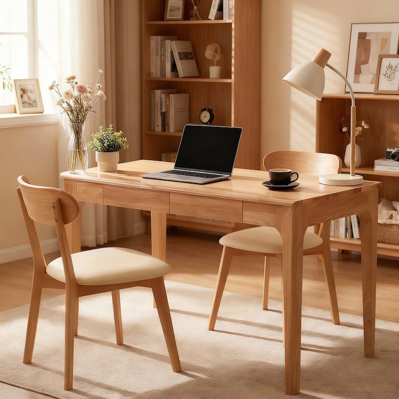 Solid Wood Mid-Century Modern Desk with Drawers for Home Office