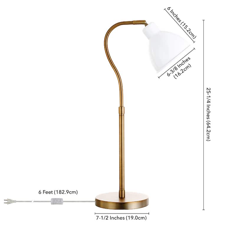 25" Brushed Brass Arched Table Lamp with White Dome Metal Shade Plug-In Light for Living Room - 10" W x 7" D x 25" H
