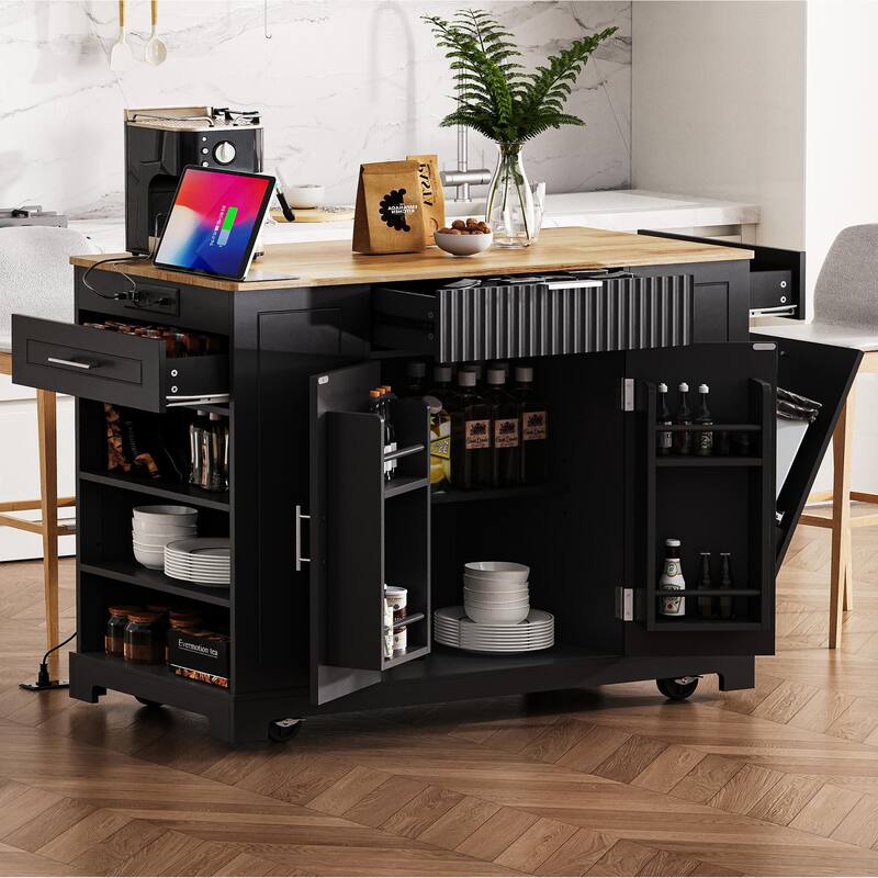 Fluted Kitchen Island with Trash Can Storage Cabinet, Power Outlet,3 Open Side Racks for 10 Gallon Garbage Bin - Black