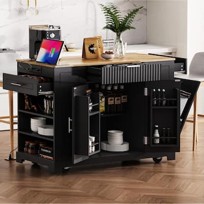 Rolling Kitchen Islands on 5 Wheels with 3 Drawer, 3 Open Side Racks for 10 Gallon Garbage Bin