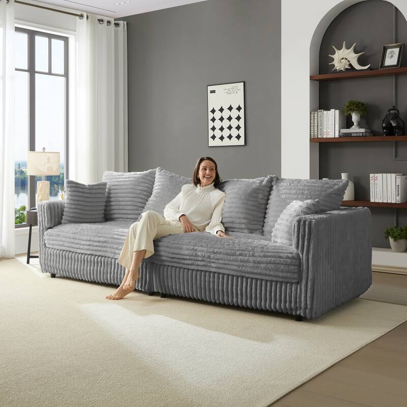 Anmytek Modern Plush Corduroy Cloud Couch 4-Seat Deep Seat Sofa with Soft Pillows - Grey