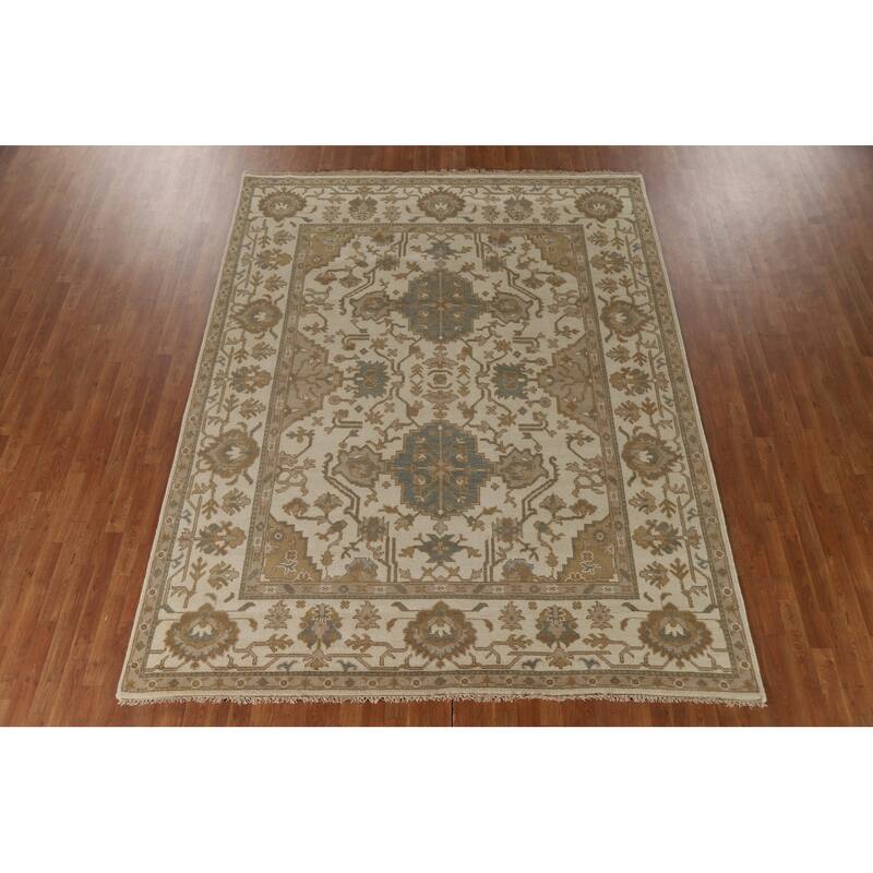 Floral Beige Oushak Oriental Area Rug Handmade Wool Carpet - 8'0"x 10'2"