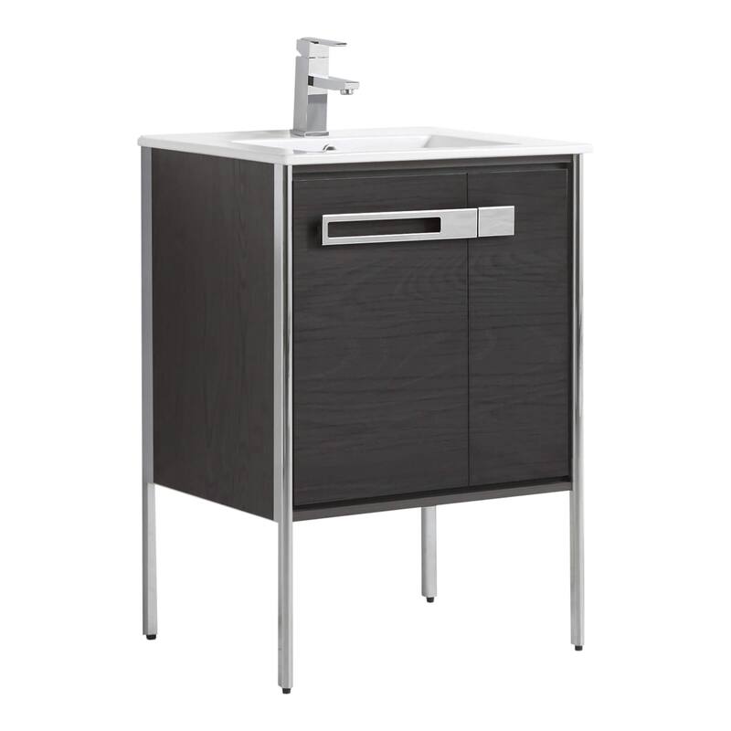 Fine Fixtures Oakville Bathroom Vanity with White Ceramic Sink - 24 Inch - Black Coal Oak - Chrome Hardware