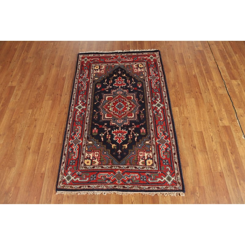 Hand Knotted Oriental 100% Wool Carpet Traditional Medallion Navy Blue & Blues Heriz (serapi) Area Rug - 4' 10'' X 3' 0''