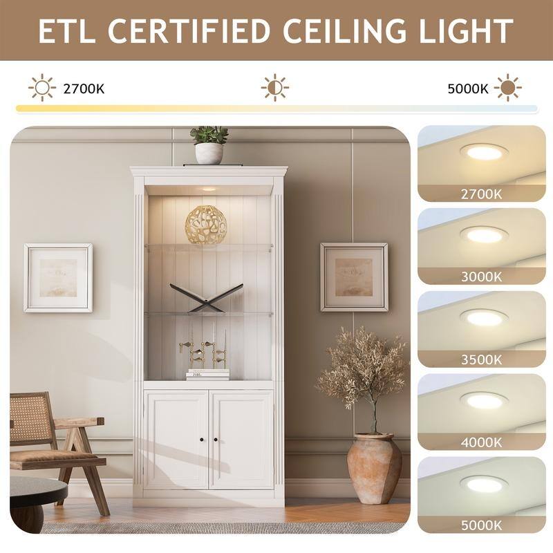 Farmhouse 78.75"Tall 4-Tier Display Shelf with Adjustable Glass Shelves and Dimmable Ceiling Light for Home Decor