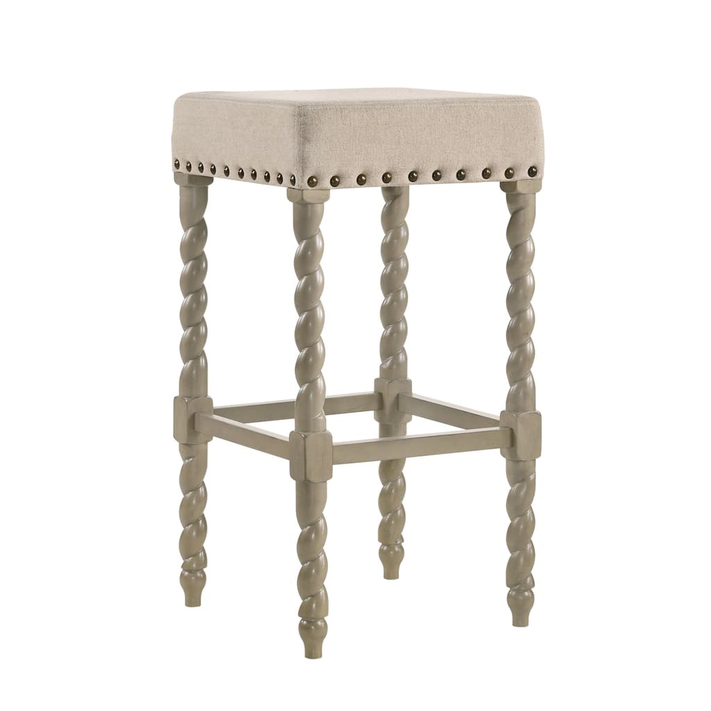30" Gray and Ivory Nailhead Trimmed Bar Stool with Barley Twist Legs
