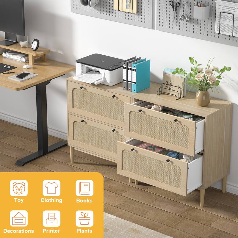 Anmytek Wood Rattan 2 Drawer Lateral File Cabinet with Adjustable Hanging Bar for Letter / A4 / Legal Size Files