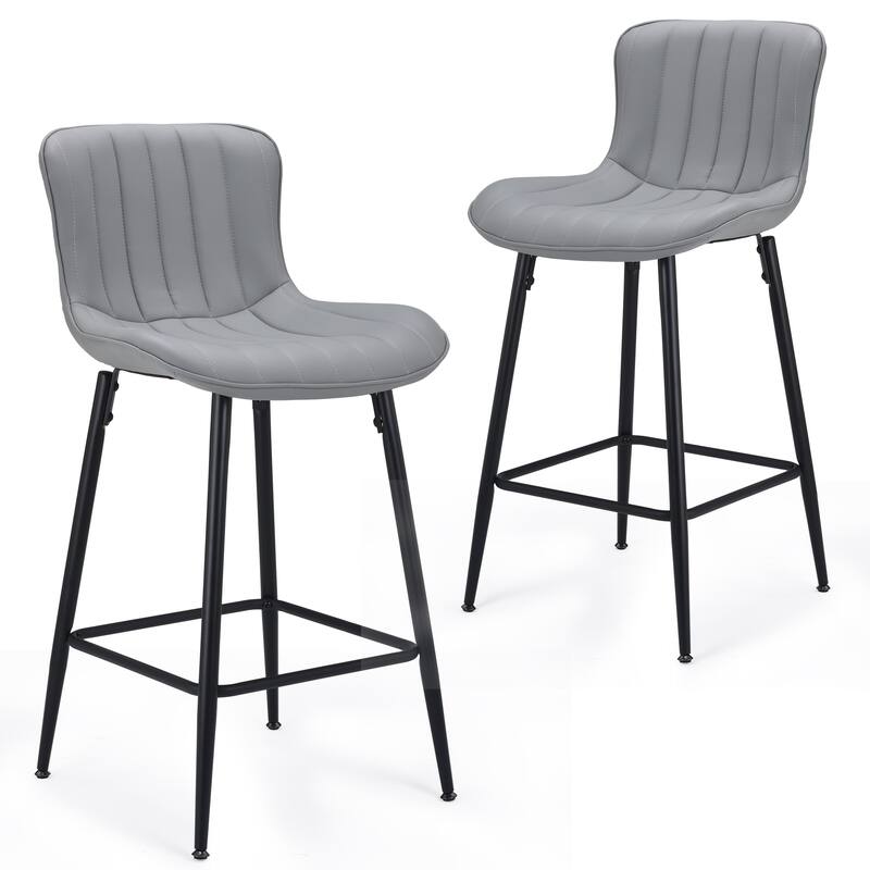 HomeRoots Set of Two 27" Gray and Black Faux Leather and Metal Low Back Counter Height Bar Chairs