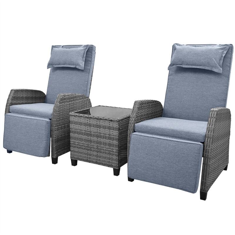 3 Pcs Patio Furniture Set, Patio Recliner Chairs Set of 2, Patio Conversation Set w/ Side Table, Outdoor Rattan Reclining Chairs