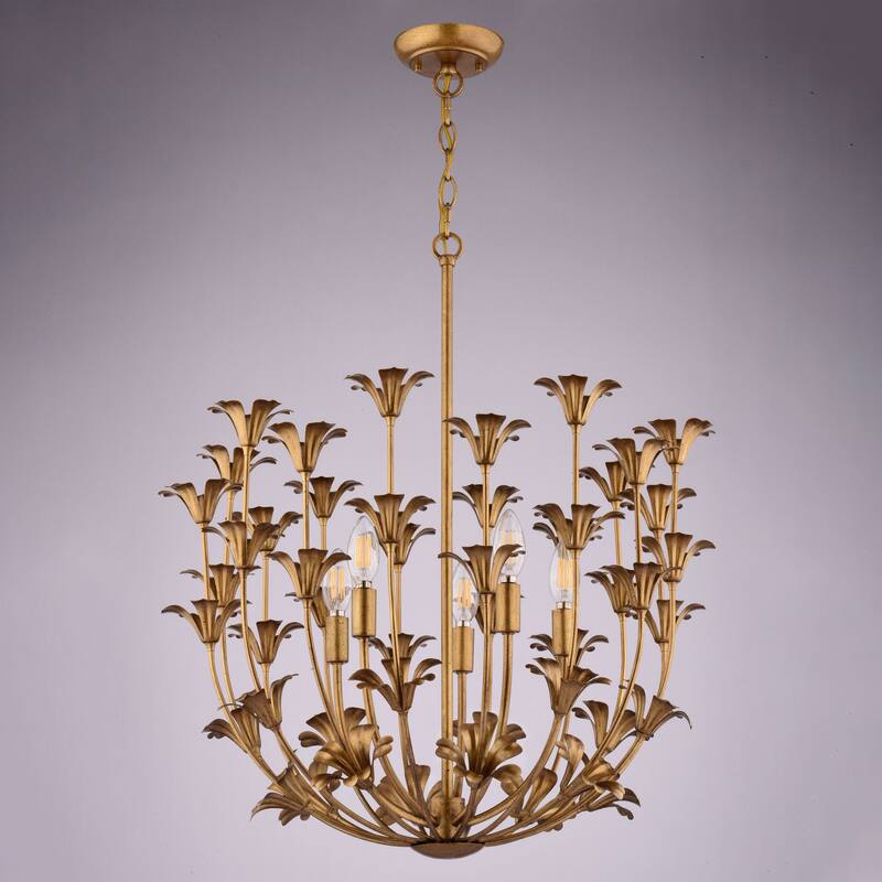 Camellia 5-Light Gilded Gold Pendant with Metal Flower Shade, Adjustable Height, Ceiling Chandelier Dining Room Fixture
