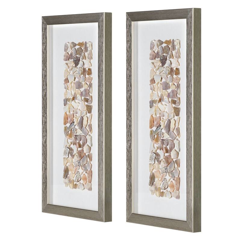 American Art Decor Neutral Seashell Mosaic 3D Textured Wall Art Panel with Champagne Frame, 2 Piece Set - Coastal Beach Decor