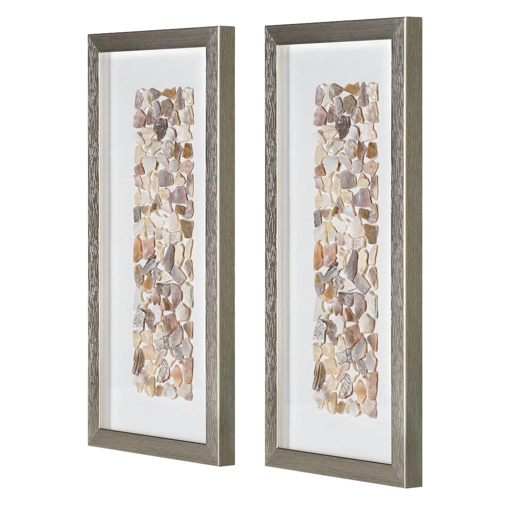 American Art Decor Neutral Seashell Mosaic 3D Textured Wall Art Panel with Champagne Frame, 2 Piece Set - Coastal Beach Decor