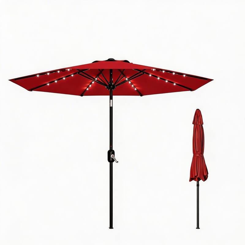 9 ft Patio Umbrella, 8 Sturdy Ribs, with Lights - Red