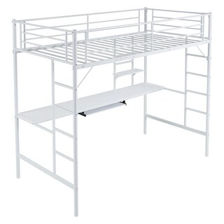 Twin Size Metal Loft Bed with Desk and Storage Shelves