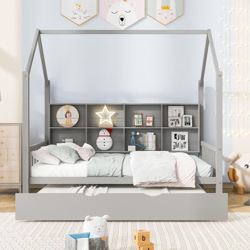Full Pine Kids House Platform Bed with Trundle, Shelf, and Roof