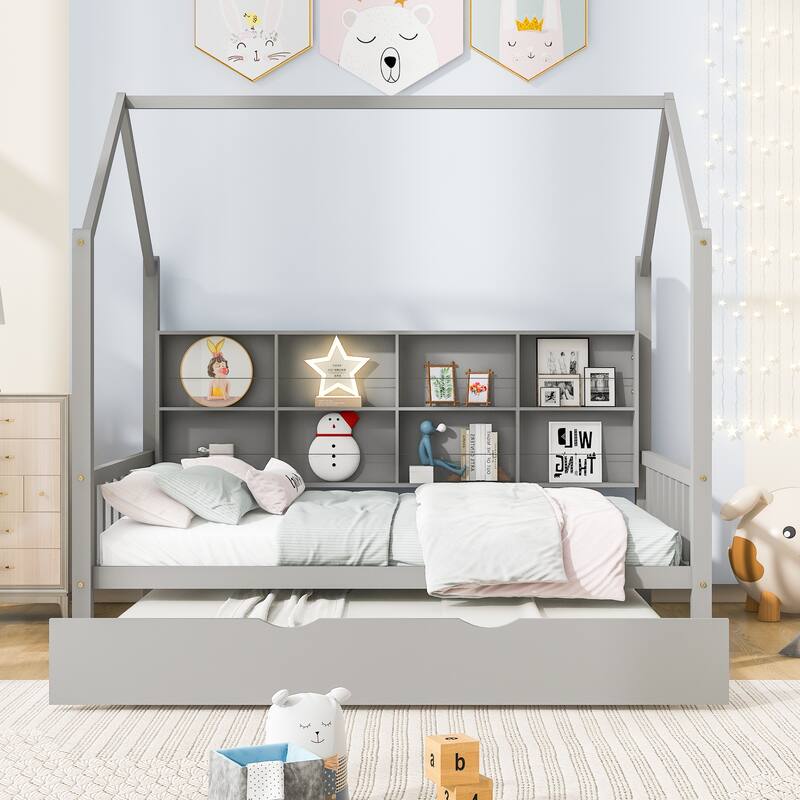 Wooden House Bed with Trundle and Shelf - Grey - Full