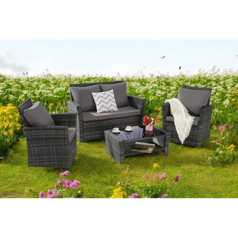 4-Piece Outdoor Patio Furniture Set, Garden Wicker Sofa with Poolside Lawn Chairs, Red Cushions, All-Weather Modular Design