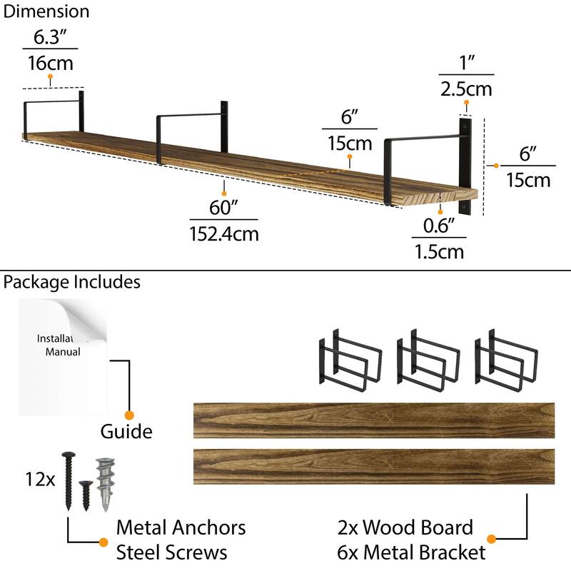 Wallniture Toledo 60"x6" Wood Floating Shelves, Wall Bookshelf, Rustic Floating Shelf (Set of 2)