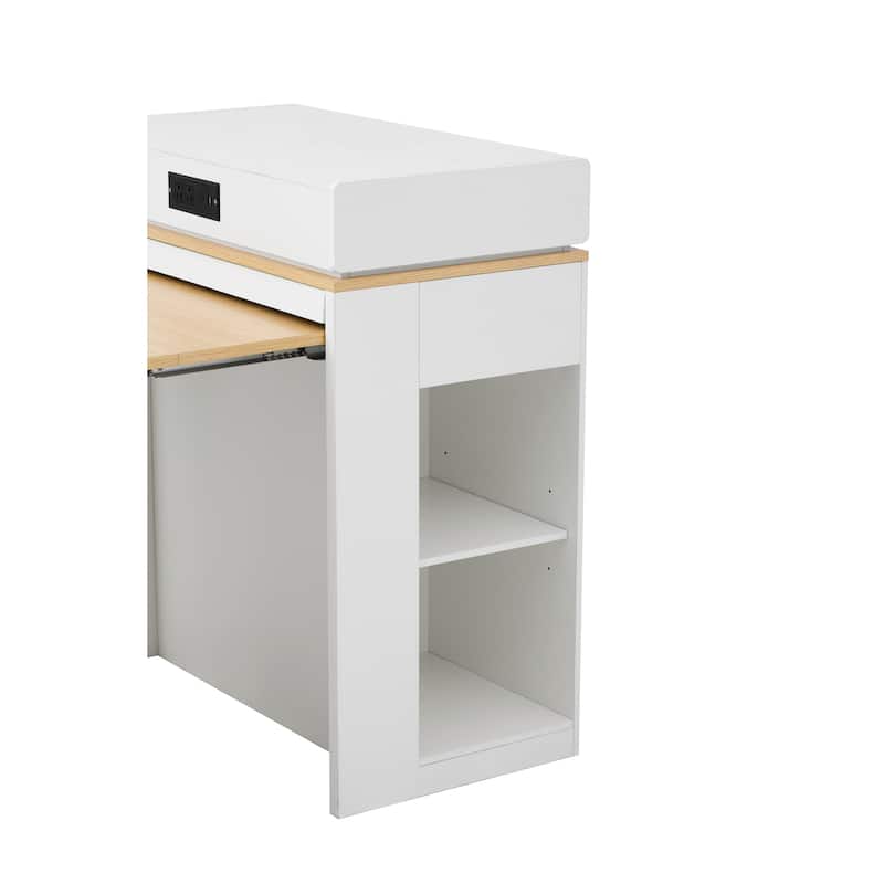 Extendable Dining Table with Folding Tabletop, Bar Table with Drawers and Power Outlet, Kitchen Island with Wheels and Hooks