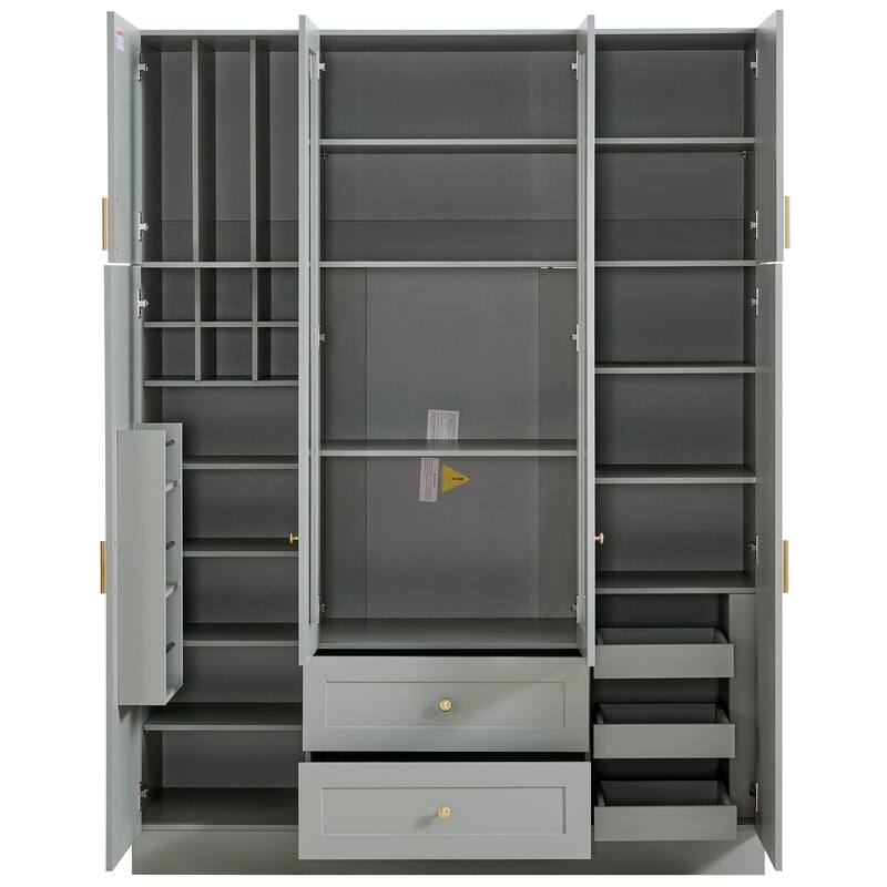 53" Modern Kitchen Pantry Cabinet with 6 Doors, Pull-Out Trays & Wine Rack