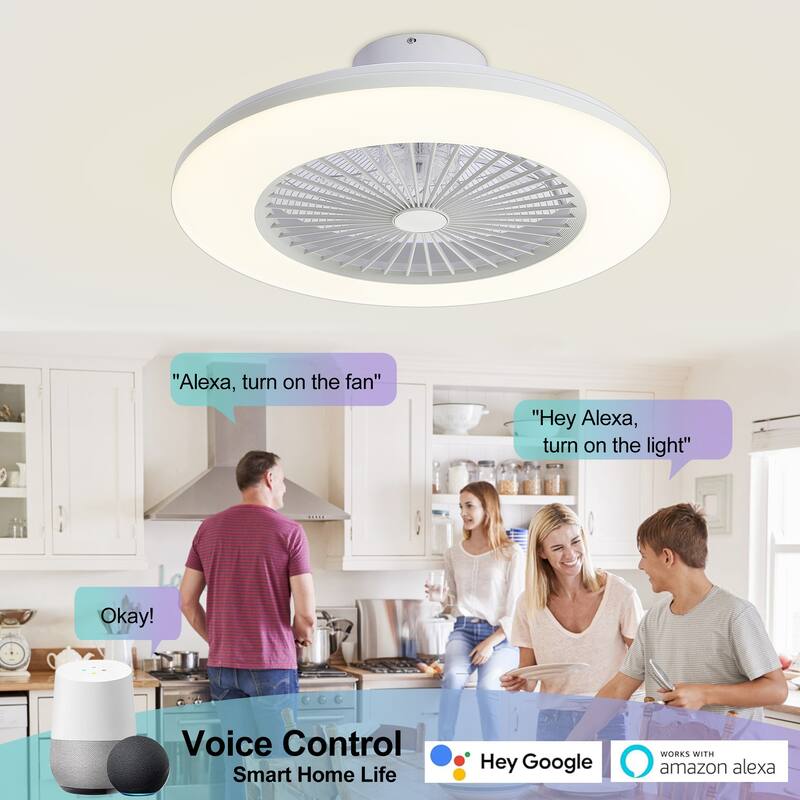 22" White Enclosed Low Profile Caged Smart LED Ceiling Fan Works with Alexa/Google/APP