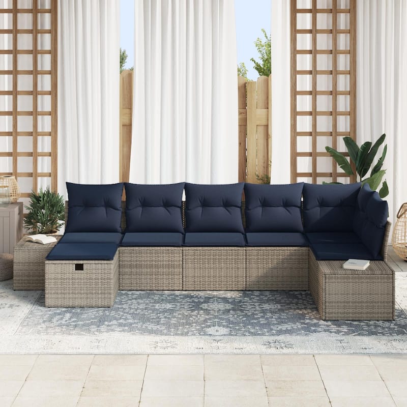 vidaXL 7/8 Garden Sofa Set with Cushions Black/Brown/Grey Poly Rattan - 125.6 x 60.6 x 27.2