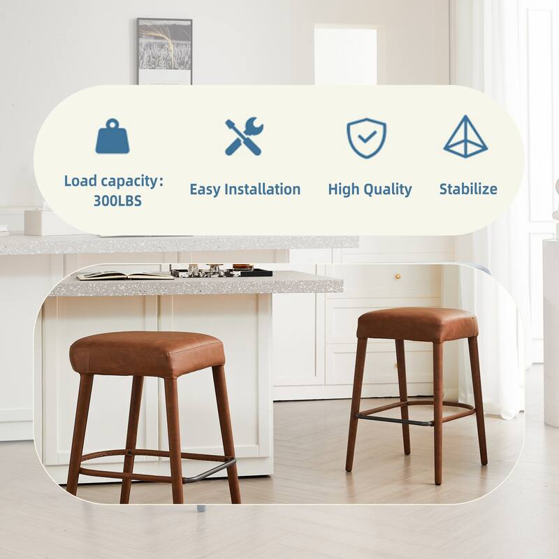 Rossetta 2-Piece Backless Cognac Understated Luxury Design PU Bar Stool Set with Integrated Metal Footrest