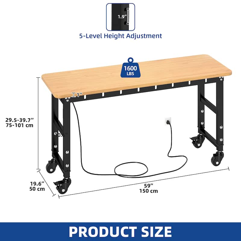 48"/60'' Work Bench for Garage with Pegboard & Power Outlets, 1600 LBS Load Capacity Ideal for Workshop