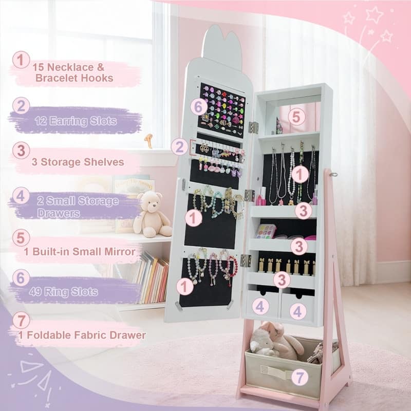 Kids MDF Bunny Jewelry Cabinet In Pink Jewelry Armoire With Mirror, 1 Door And 1 Fabric Drawer