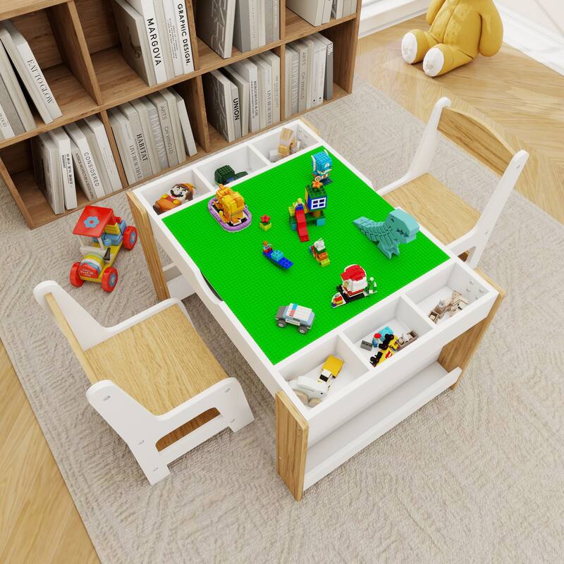 Anmytek White Kids 2 in 1 Activity Play Table and 2 Chairs Set with 7 Storage Compartments for Building Blocks