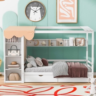 House Platform Bed with Open Pent Roof, Built-in Wardrobe, 4 Side Compartments, 3 Top Shelves, 2 Drawers, Curtain Fabric