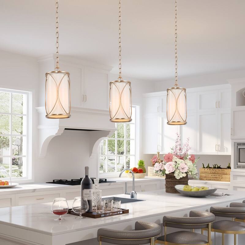 Velus Modern Farmhouse Mini Pendant Cylinder Metal Bronze Cage Kitchen Island Lights for Dining Room - D6.5'' x H72.5'' - Fabric Shade