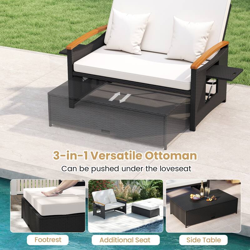 Gymax Patio Rattan Daybed Set w/Cushioned Loveseat & Storage Ottoman