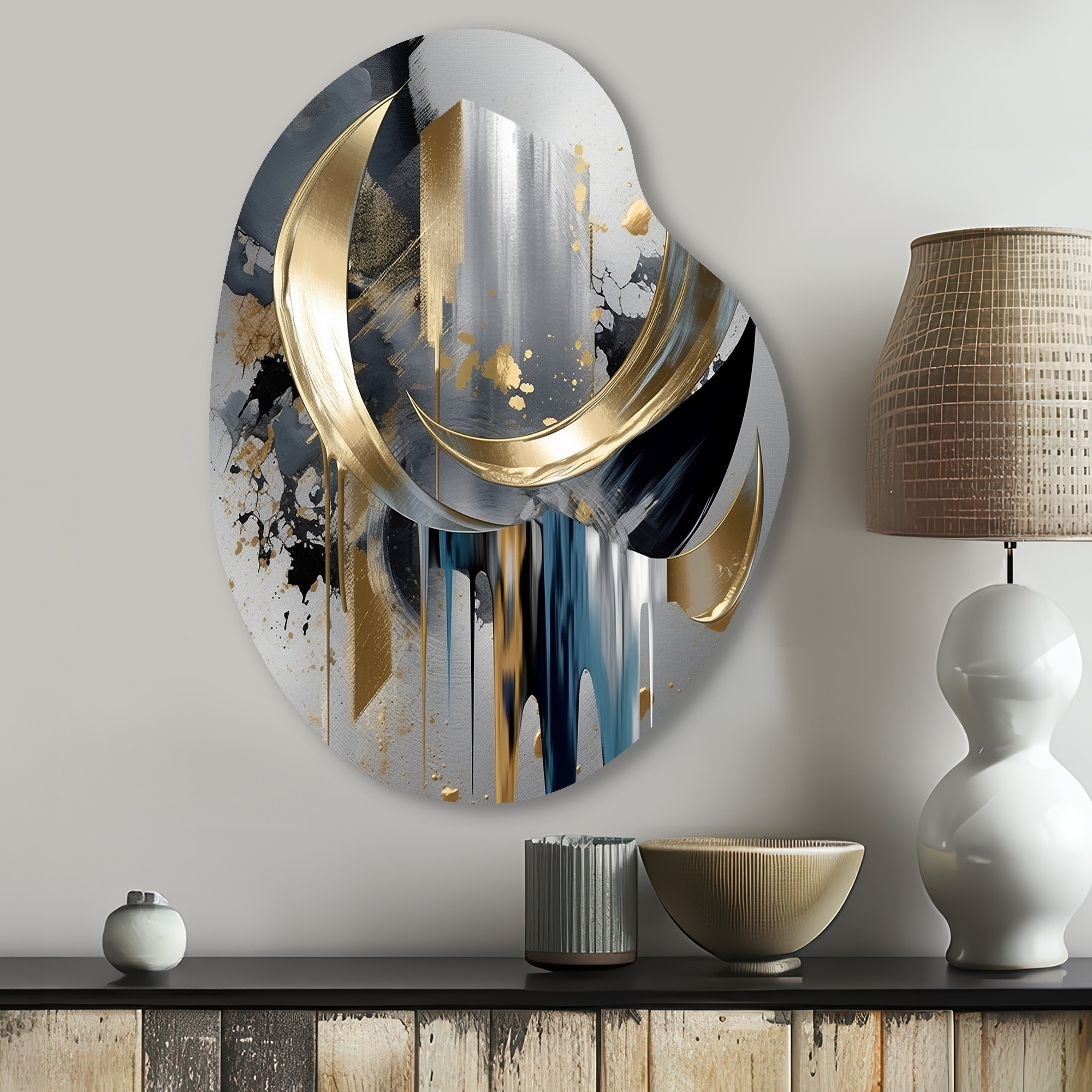 Designart - Abstract Shapes And Lines I - Abstract Marble Metal Wall Art - Modern Gold Metal Pear Shape Print