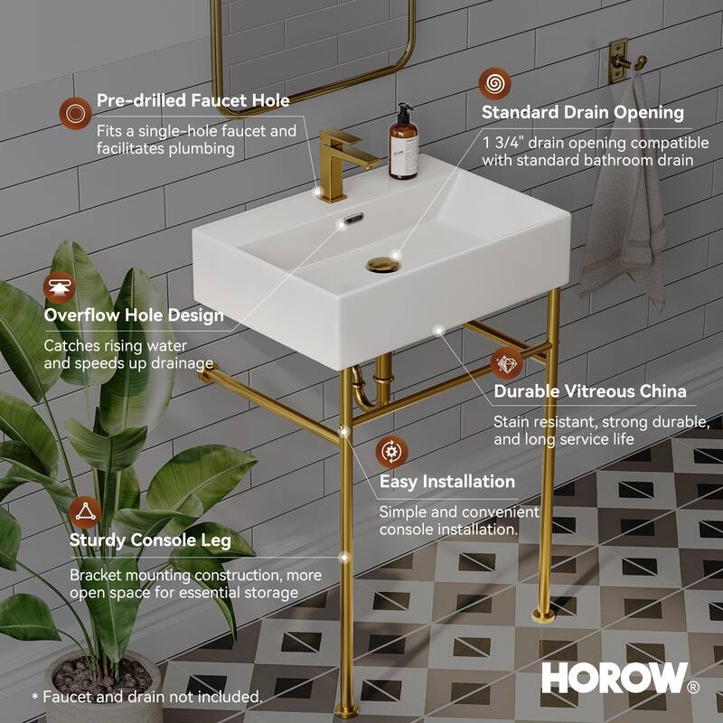 HOROW 24 in. Ceramic White Rectangular Bathroom Console Sink with Golden Legs and Overflow