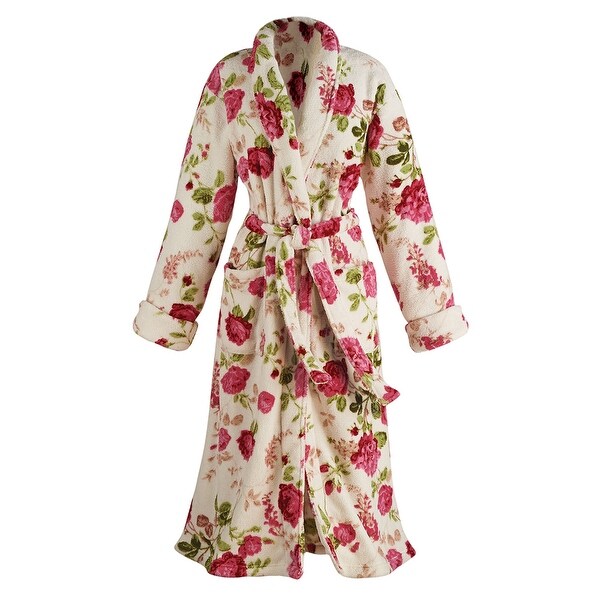 Women's Floral Print Long Cozy Wrap Bathrobe - Shawl Collar Patch Pockets