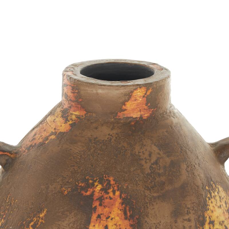 Brown Ceramic Antique Style Distressed Decorative Vase with Grooves and Handles