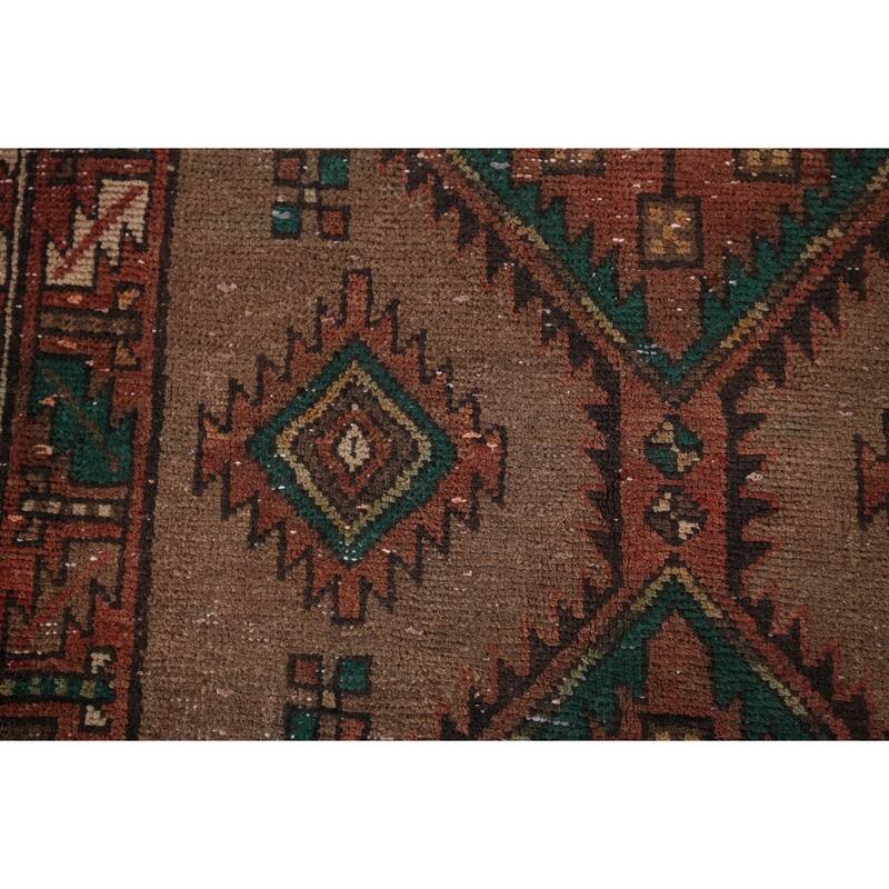 Brown Ardebil Persian Vintage Runner Rug Handmade Wool Carpet - 3'10" x 13'10"