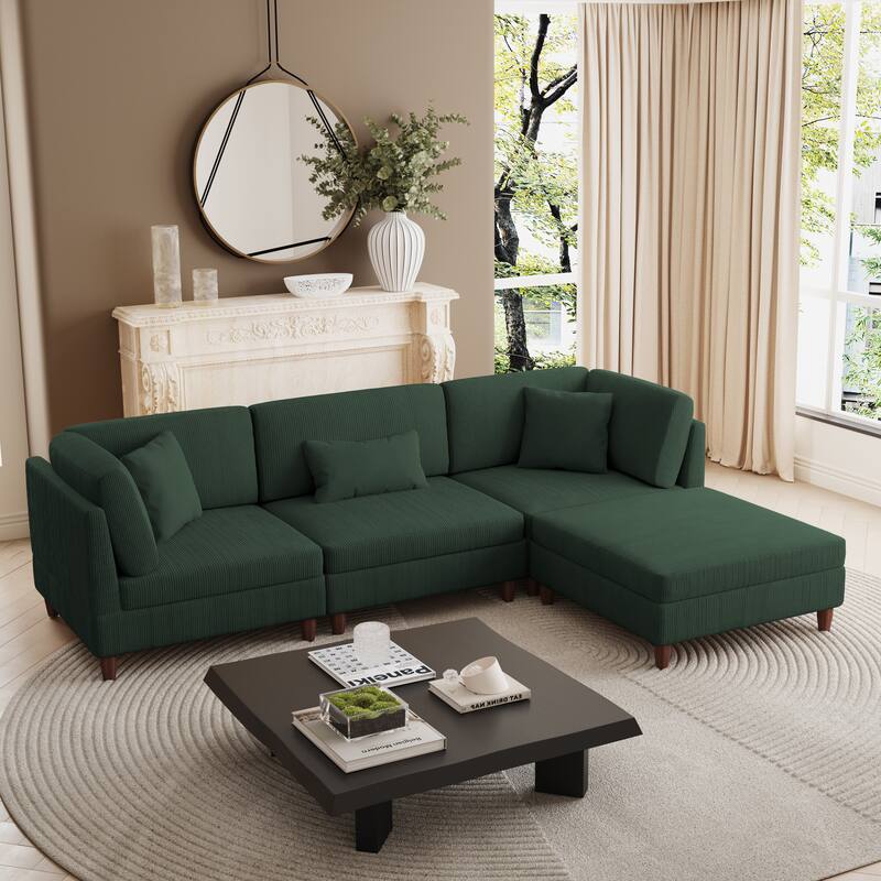 Corduroy Convertible Couch Modular Sectional Sofa with Ottoman - 4-Piece Hunter Green - Reversible