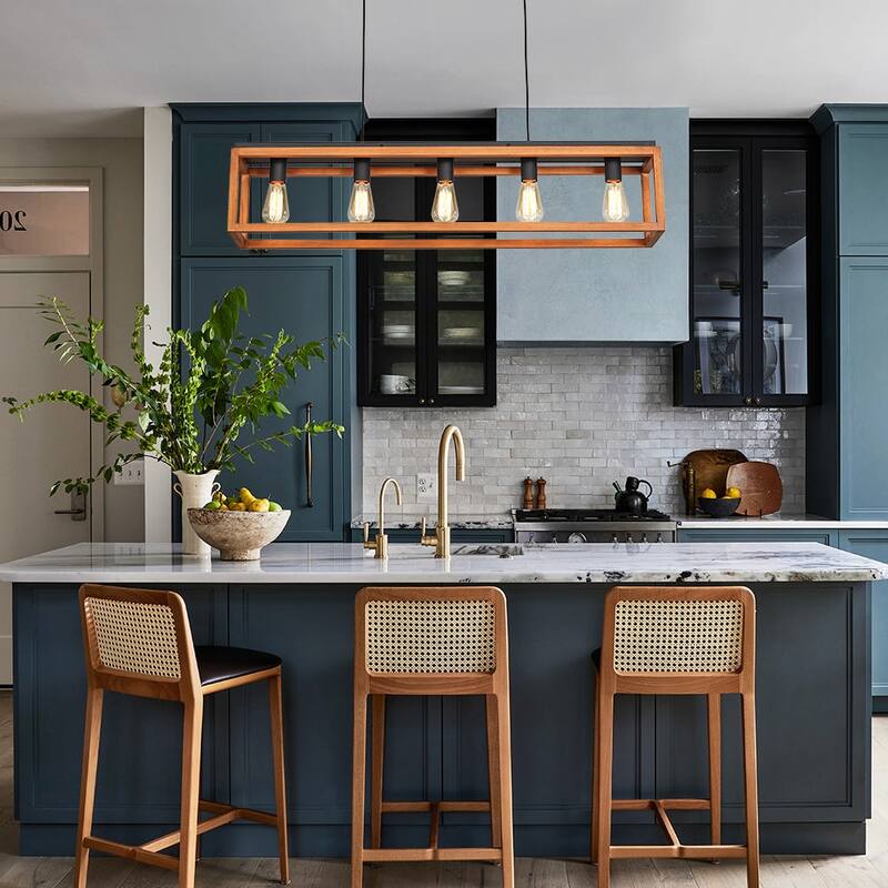 Rustic Oak Wooden Rectangular Cage Island Chandelier Ceiling Light - 39.4 Inches