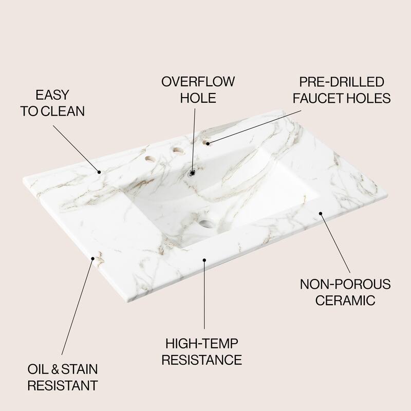 Aubert 3-Hole Classic Contemporary Rectangular Ceramic Single Sink Basin Vanity Top, by JONATHAN Y